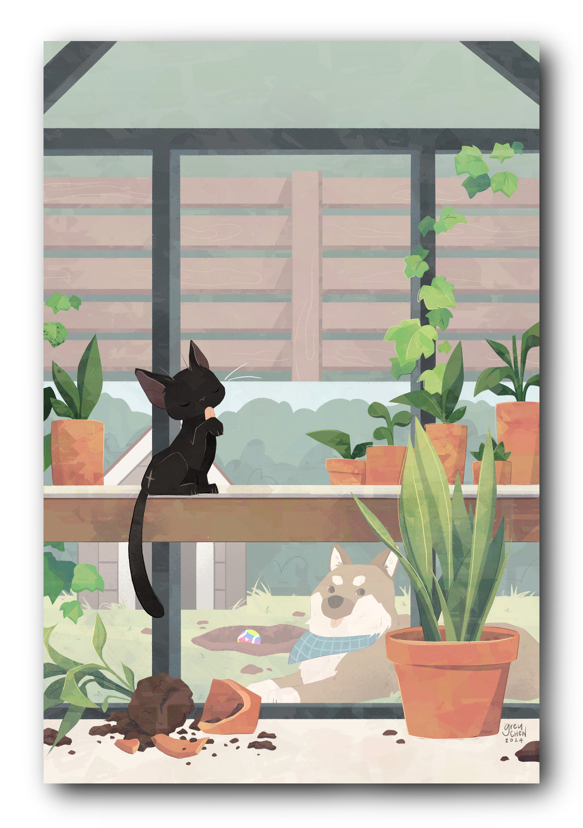 "Mischief in the Greenhouse" print by Grey Chen